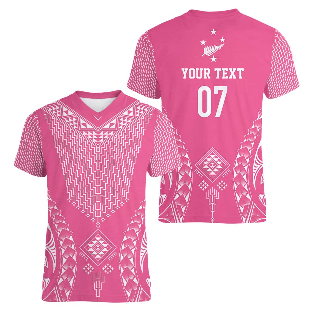 2025 Rugby Championship New Zealand Custom Women V-Neck T-Shirt Poutama Motifs - Pink Out - Polynesian Pride