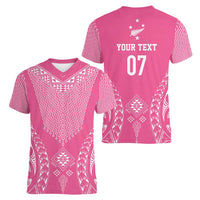 2025 Rugby Championship New Zealand Custom Women V-Neck T-Shirt Poutama Motifs - Pink Out - Polynesian Pride