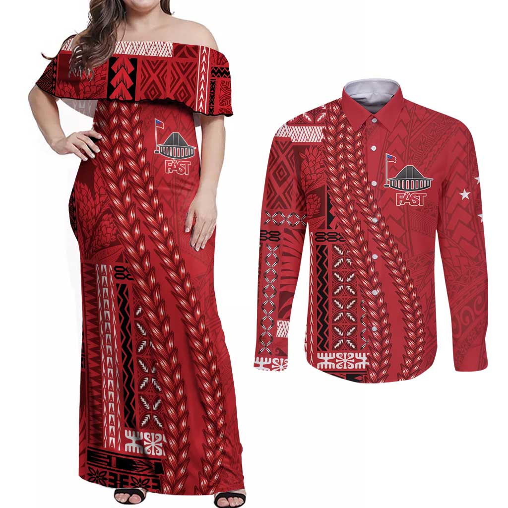 Samoa FAST Siapo Couples Matching Off Shoulder Maxi Dress and Long Sleeve Button Shirt Tatau-Ulafala Vines - Polynesian Pride