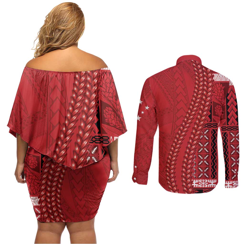 Samoa FAST Siapo Couples Matching Off Shoulder Short Dress and Long Sleeve Button Shirt Tatau-Ulafala Vines - Polynesian Pride