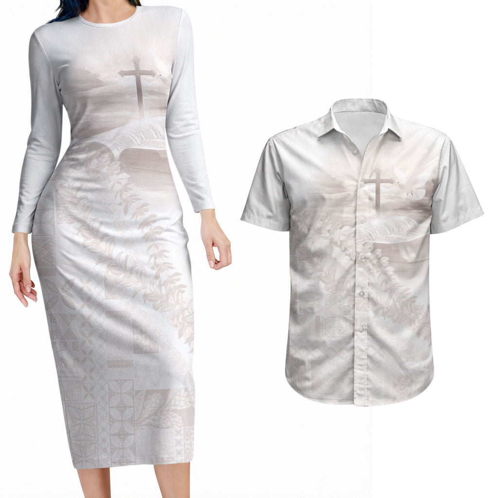 Samoa Lotu Tamaiti White Prayers Couples Matching Long Sleeve Bodycon Dress and Hawaiian Shirt Floral Mamanu Siapo