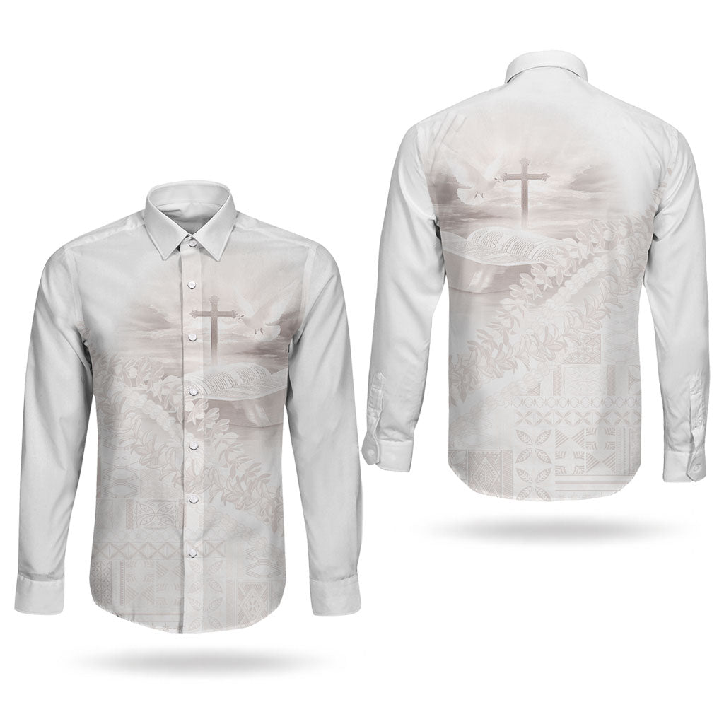 Samoa Lotu Tamaiti White Prayers Couples Matching Long Sleeve Bodycon Dress and Long Sleeve Button Shirt Floral Mamanu Siapo LT7 - Polynesian Pride