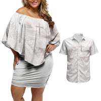 Samoa Lotu Tamaiti White Prayers Couples Matching Off Shoulder Short Dress and Hawaiian Shirt Floral Mamanu Siapo LT7 White - Polynesian Pride