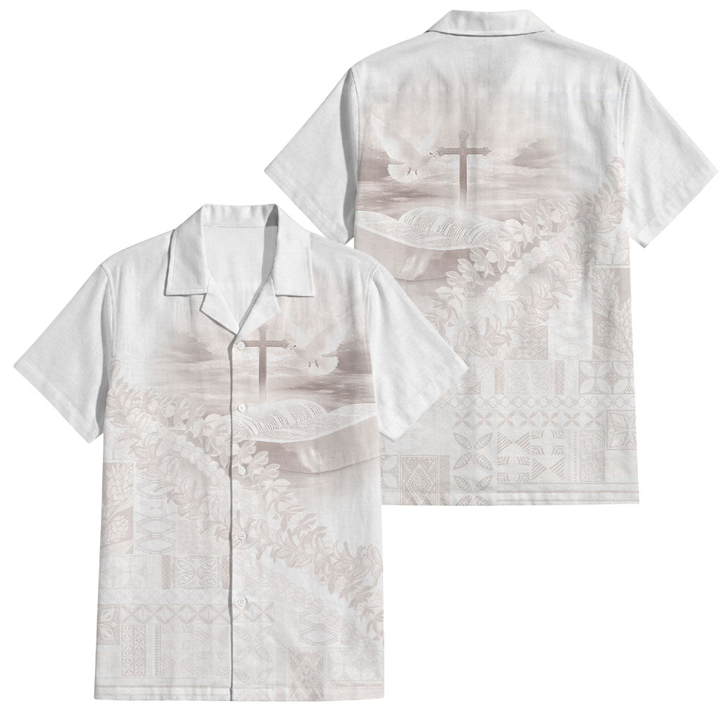 Samoa Lotu Tamaiti White Prayers Family Matching Mermaid Dress and Hawaiian Shirt Floral Mamanu Siapo LT7 Dad's Shirt - Short Sleeve White - Polynesian Pride