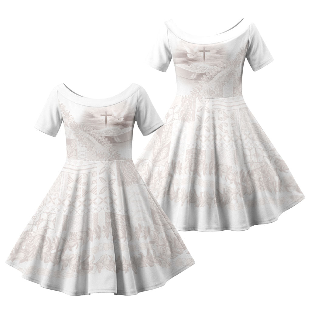 Samoa Lotu Tamaiti White Prayers Family Matching Mermaid Dress and Hawaiian Shirt Floral Mamanu Siapo LT7 Daughter's Dress White - Polynesian Pride