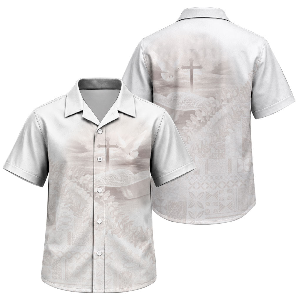 Samoa Lotu Tamaiti White Prayers Family Matching Mermaid Dress and Hawaiian Shirt Floral Mamanu Siapo LT7 Son's Shirt White - Polynesian Pride