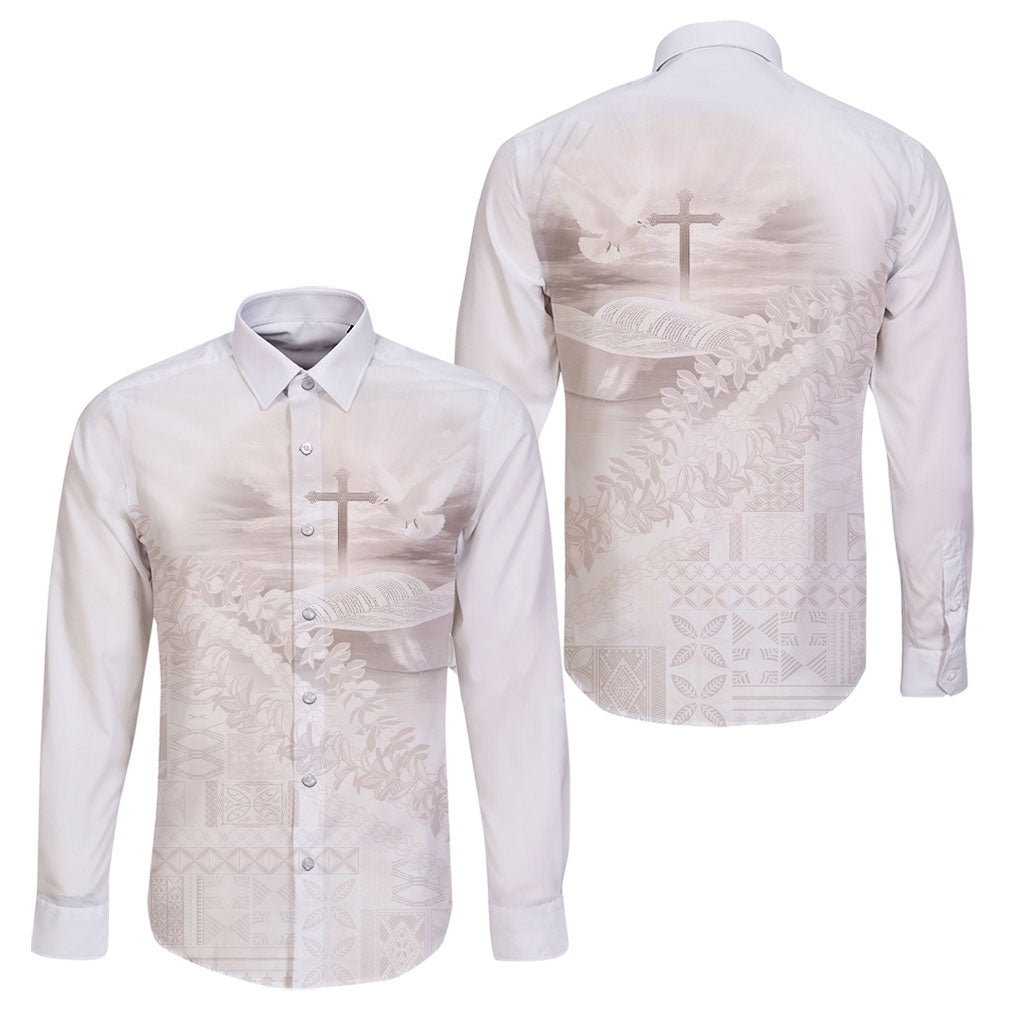 Samoa Lotu Tamaiti White Prayers Family Matching Short Sleeve Bodycon Dress and Hawaiian Shirt Floral Mamanu Siapo LT7 Dad's Shirt - Long Sleeve White - Polynesian Pride