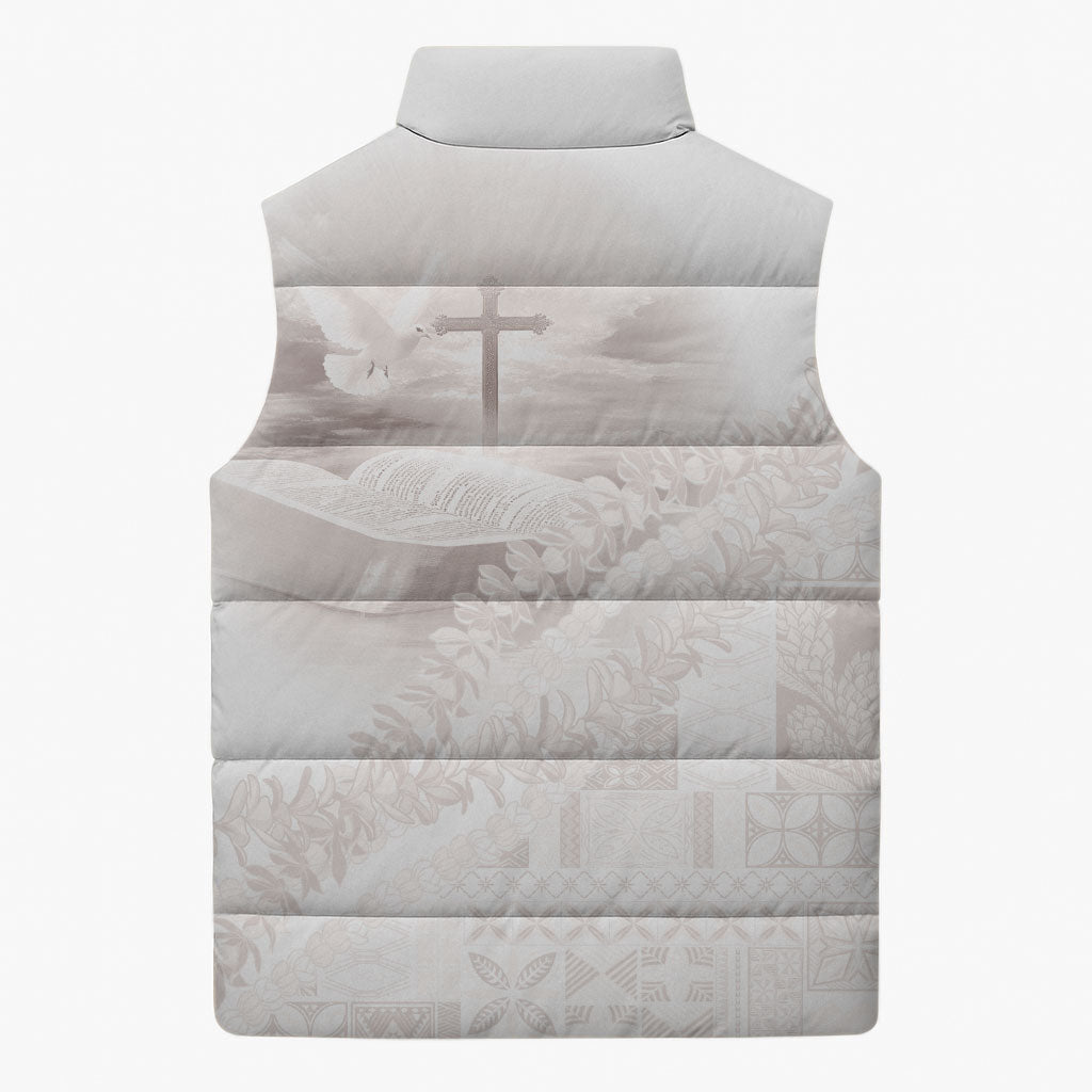 Samoa Lotu Tamaiti White Prayers Sleeveless Puffer Jacket Floral Mamanu Siapo LT7 - Polynesian Pride