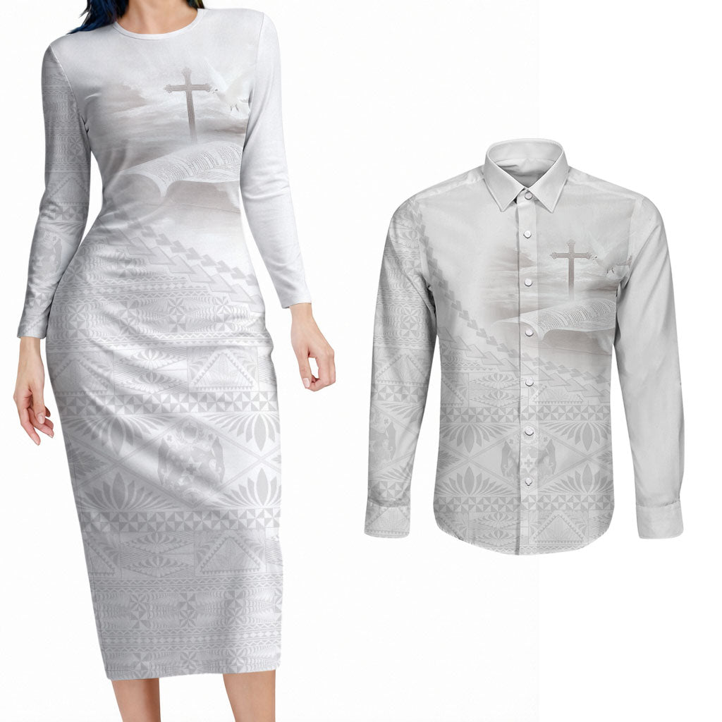 Tonga White Sunday Fakame Couples Matching Long Sleeve Bodycon Dress and Long Sleeve Button Shirt Tokelaufeletoa Kupesi