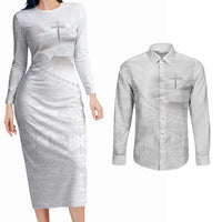 Tonga White Sunday Fakame Couples Matching Long Sleeve Bodycon Dress and Long Sleeve Button Shirt Tokelaufeletoa Kupesi