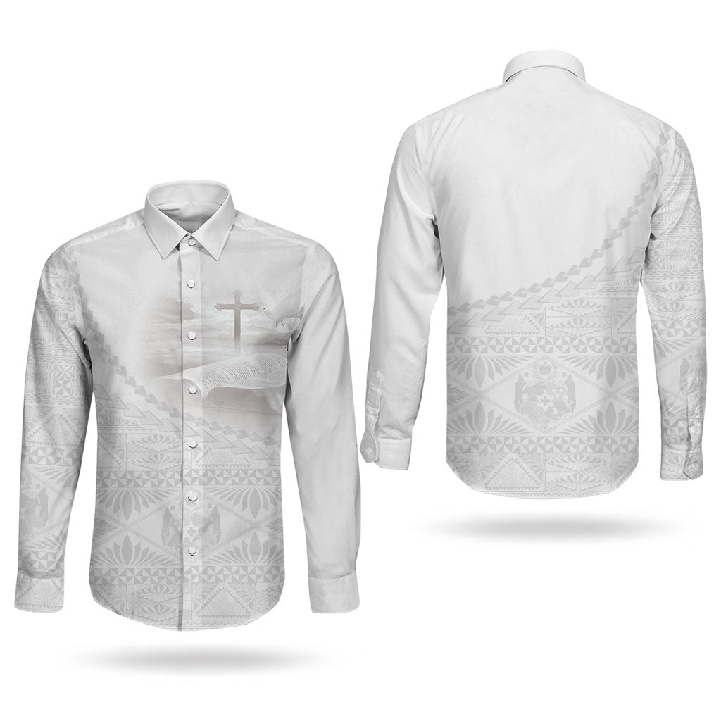 Tonga White Sunday Fakame Couples Matching Mermaid Dress and Long Sleeve Button Shirt Tokelaufeletoa Kupesi