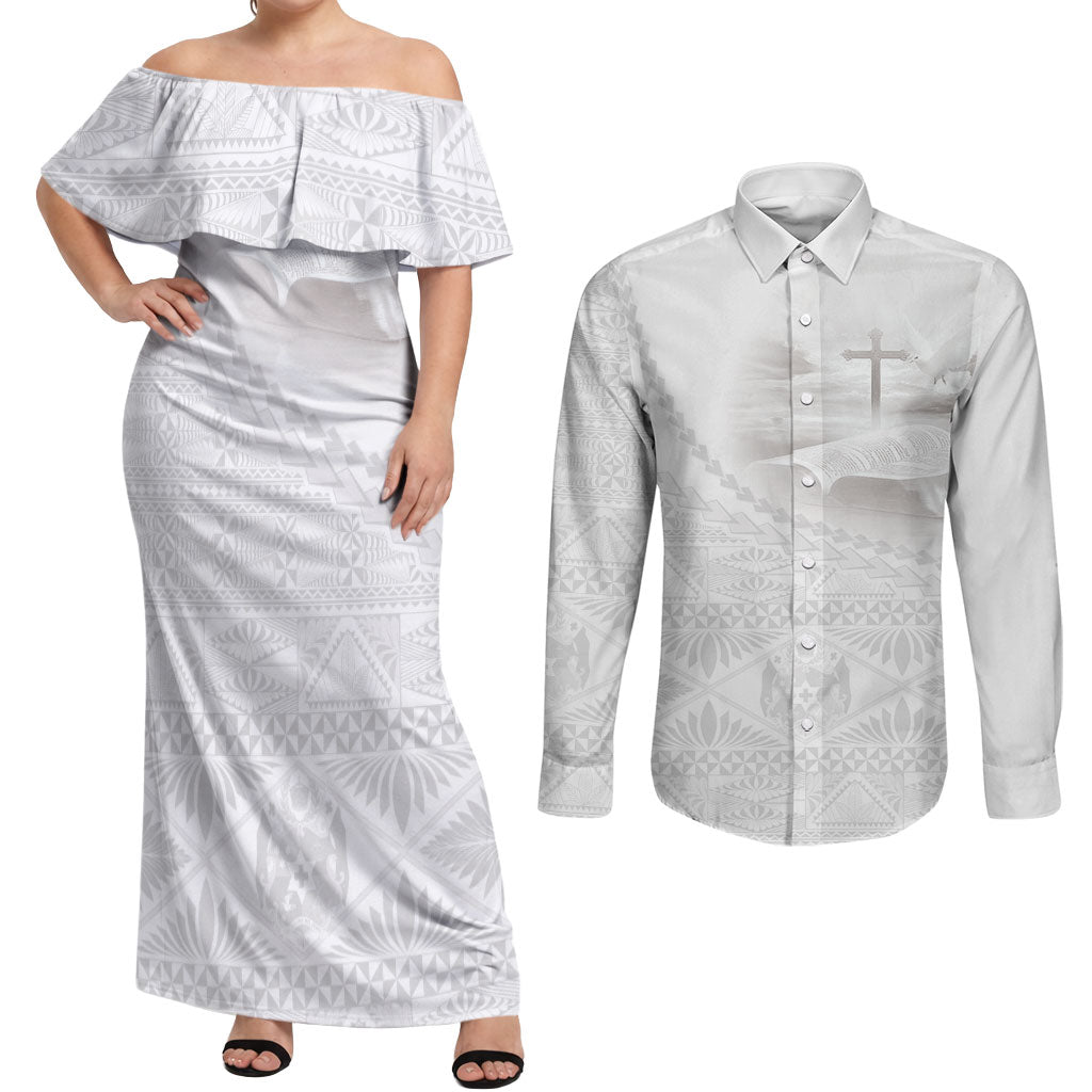 Tonga White Sunday Fakame Couples Matching Off Shoulder Maxi Dress and Long Sleeve Button Shirt Tokelaufeletoa Kupesi