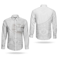 Tonga White Sunday Fakame Couples Matching Off Shoulder Maxi Dress and Long Sleeve Button Shirt Tokelaufeletoa Kupesi