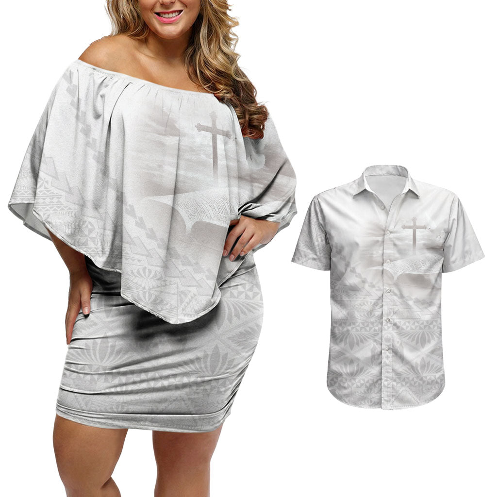 Tonga White Sunday Fakame Couples Matching Off Shoulder Short Dress and Hawaiian Shirt Tokelaufeletoa Kupesi