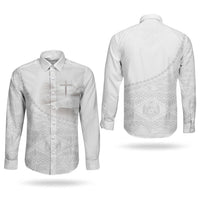 Tonga White Sunday Fakame Couples Matching Off Shoulder Short Dress and Long Sleeve Button Shirt Tokelaufeletoa Kupesi