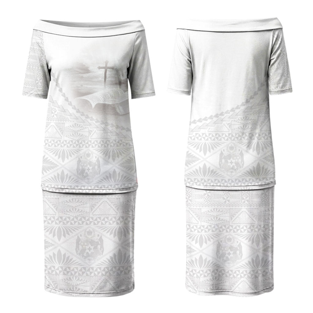Tonga White Sunday Fakame Couples Matching Puletasi and Hawaiian Shirt Tokelaufeletoa Kupesi