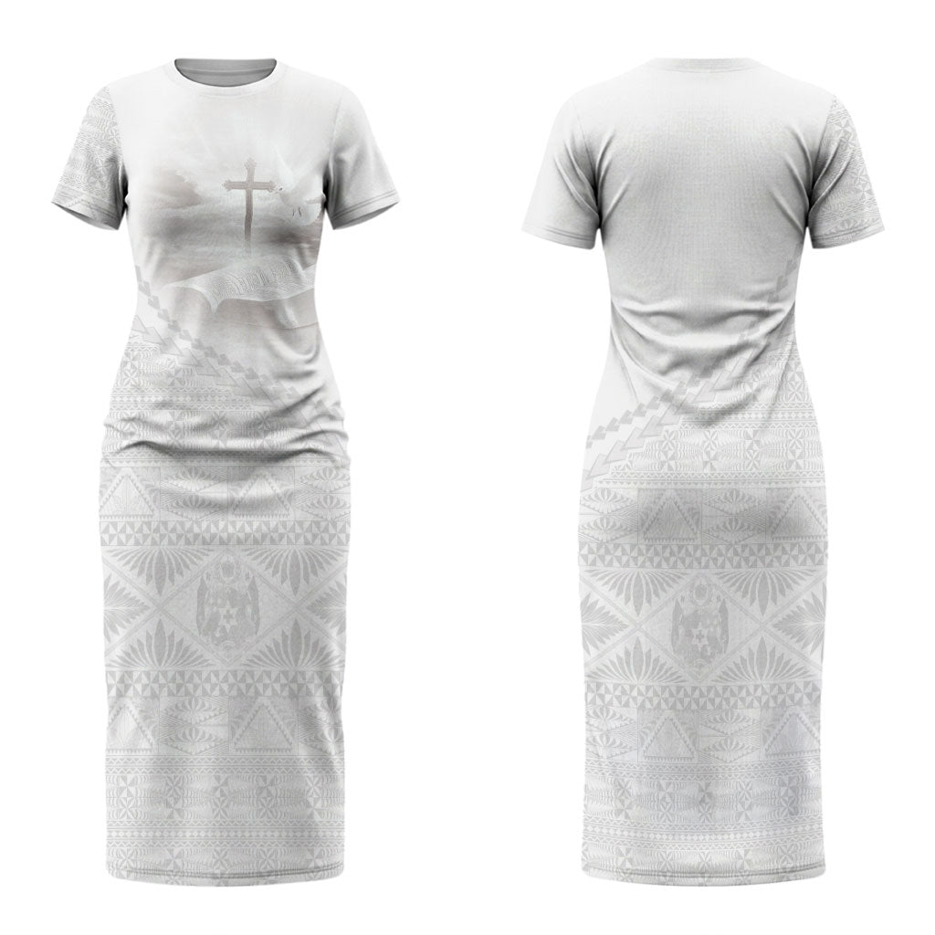 Tonga White Sunday Fakame Couples Matching Short Sleeve Bodycon Dress and Long Sleeve Button Shirt Tokelaufeletoa Kupesi