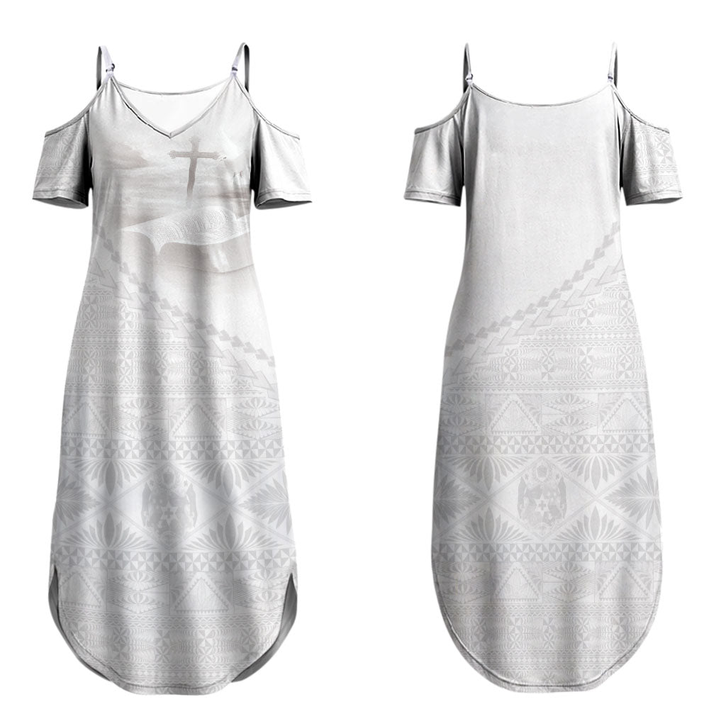 Tonga White Sunday Fakame Couples Matching Summer Maxi Dress and Long Sleeve Button Shirt Tokelaufeletoa Kupesi