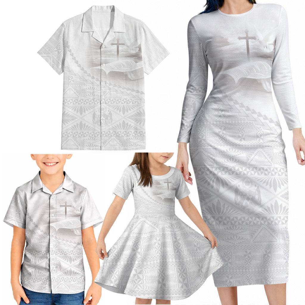 Tonga White Sunday Fakame Family Matching Long Sleeve Bodycon Dress and Hawaiian Shirt Tokelaufeletoa Kupesi