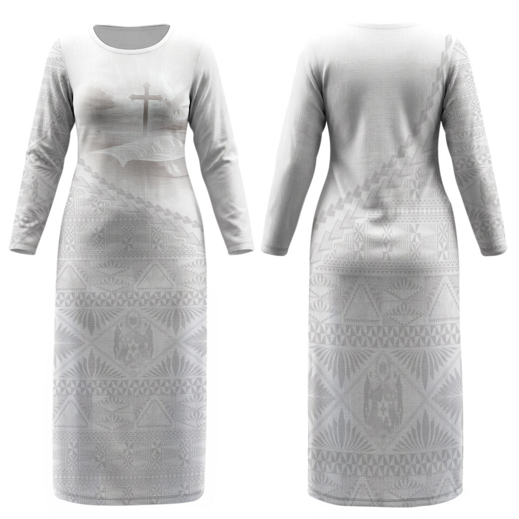 Tonga White Sunday Fakame Family Matching Long Sleeve Bodycon Dress and Hawaiian Shirt Tokelaufeletoa Kupesi