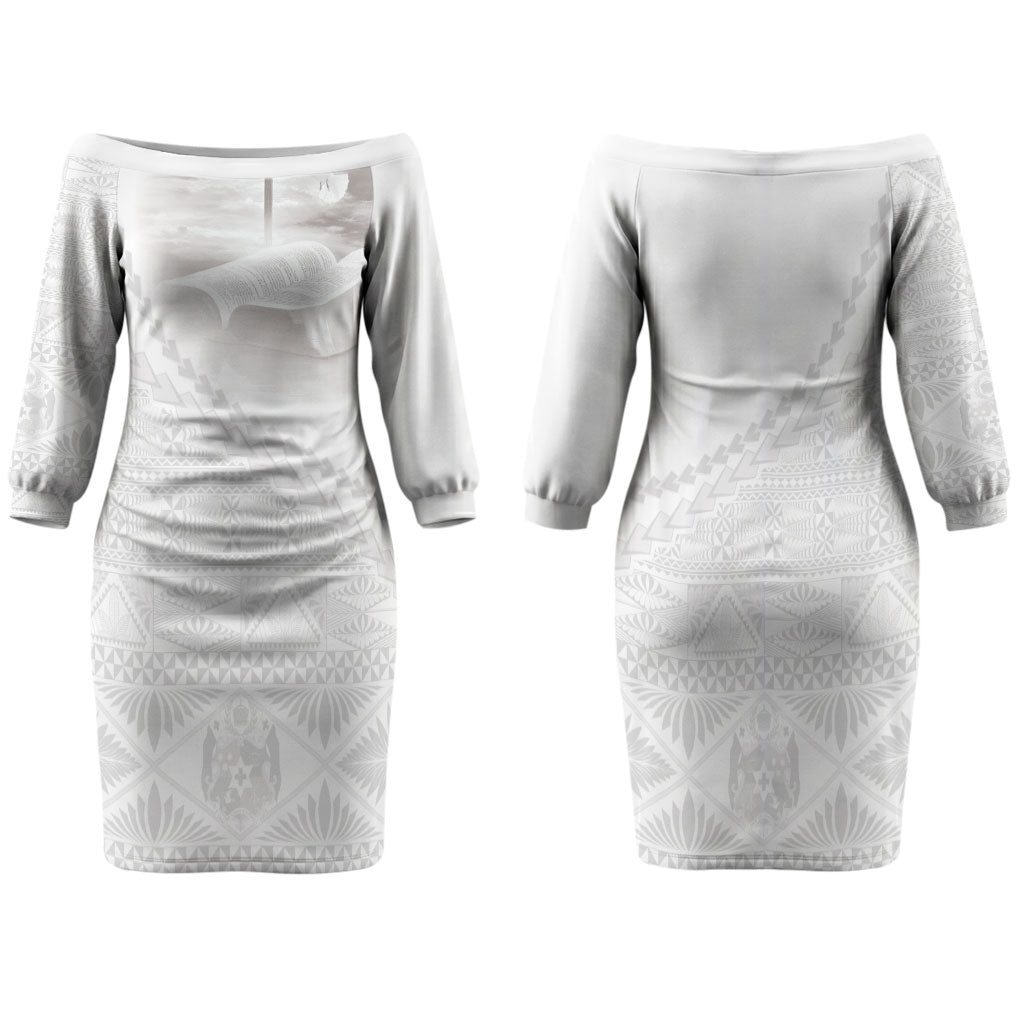 Tonga White Sunday Fakame Family Matching Off The Shoulder Long Sleeve Dress and Hawaiian Shirt Tokelaufeletoa Kupesi