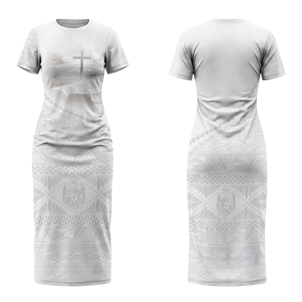 Tonga White Sunday Fakame Family Matching Short Sleeve Bodycon Dress and Hawaiian Shirt Tokelaufeletoa Kupesi