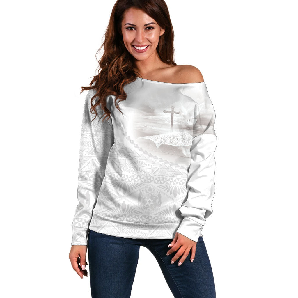 Tonga White Sunday Fakame Off Shoulder Sweater Tokelaufeletoa Kupesi