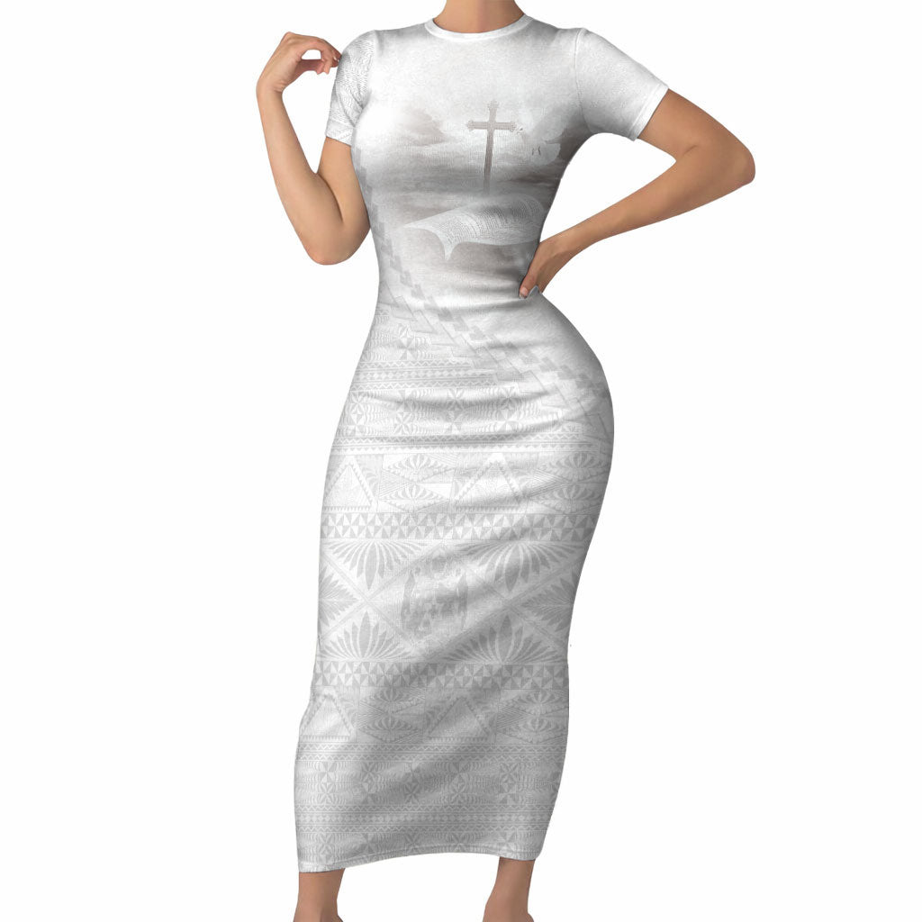 Tonga White Sunday Fakame Short Sleeve Bodycon Dress Tokelaufeletoa Kupesi