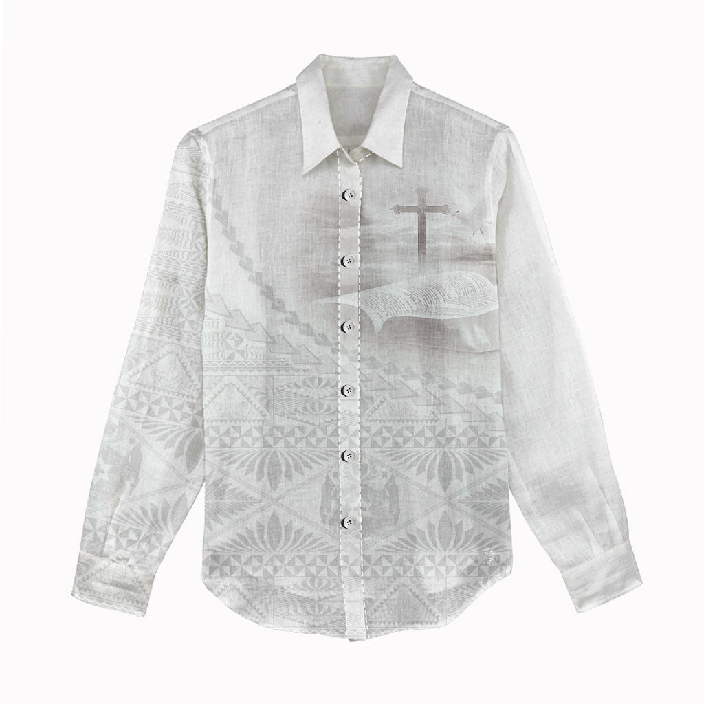 Tonga White Sunday Fakame Women Casual Shirt Tokelaufeletoa Kupesi