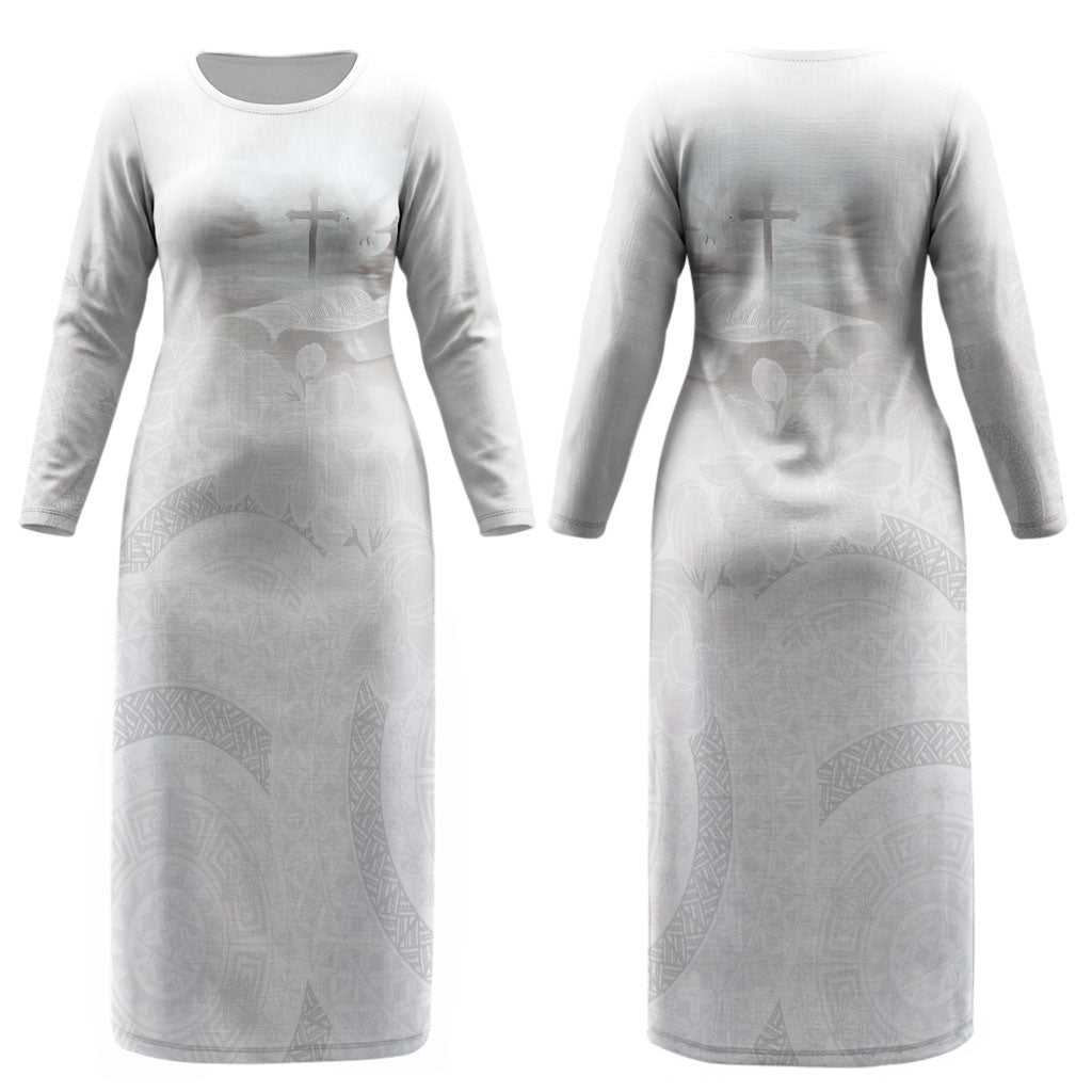 Niue White Sunday Tapu Fanau Couples Matching Long Sleeve Bodycon Dress and Hawaiian Shirt Fiti Pua Mix Hiapo Tapa