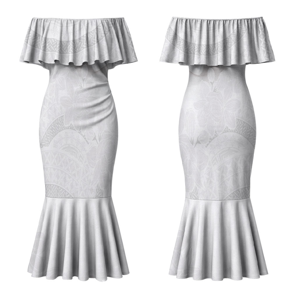 Niue White Sunday Tapu Fanau Couples Matching Mermaid Dress and Long Sleeve Button Shirt Fiti Pua Mix Hiapo Tapa