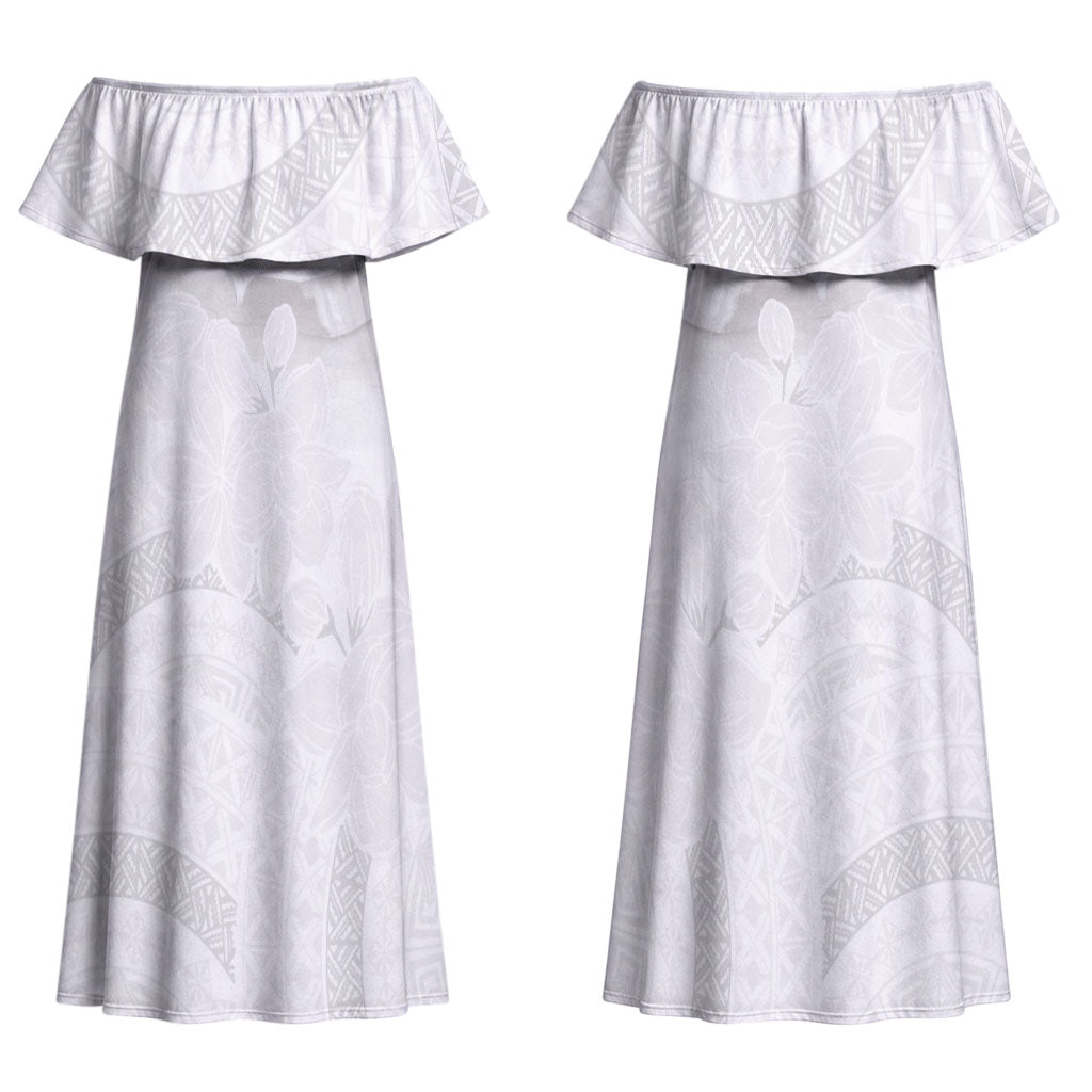 Niue White Sunday Tapu Fanau Couples Matching Off Shoulder Maxi Dress and Long Sleeve Button Shirt Fiti Pua Mix Hiapo Tapa LT7 - Polynesian Pride