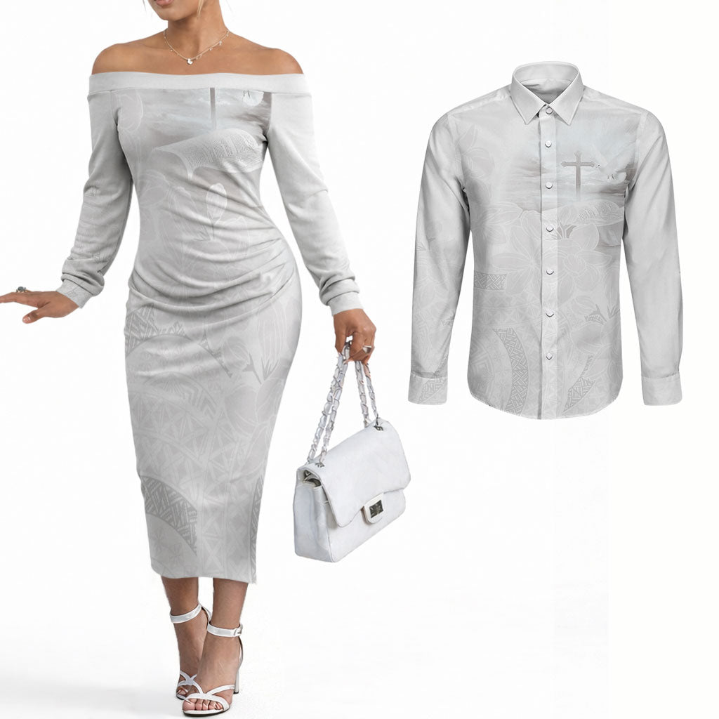 Niue White Sunday Tapu Fanau Couples Matching Off The Shoulder Long Sleeve Dress and Long Sleeve Button Shirt Fiti Pua Mix Hiapo Tapa