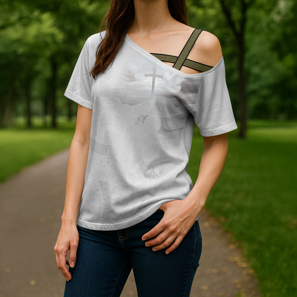 Niue White Sunday Tapu Fanau Cross Shoulder Shirt Fiti Pua Mix Hiapo Tapa