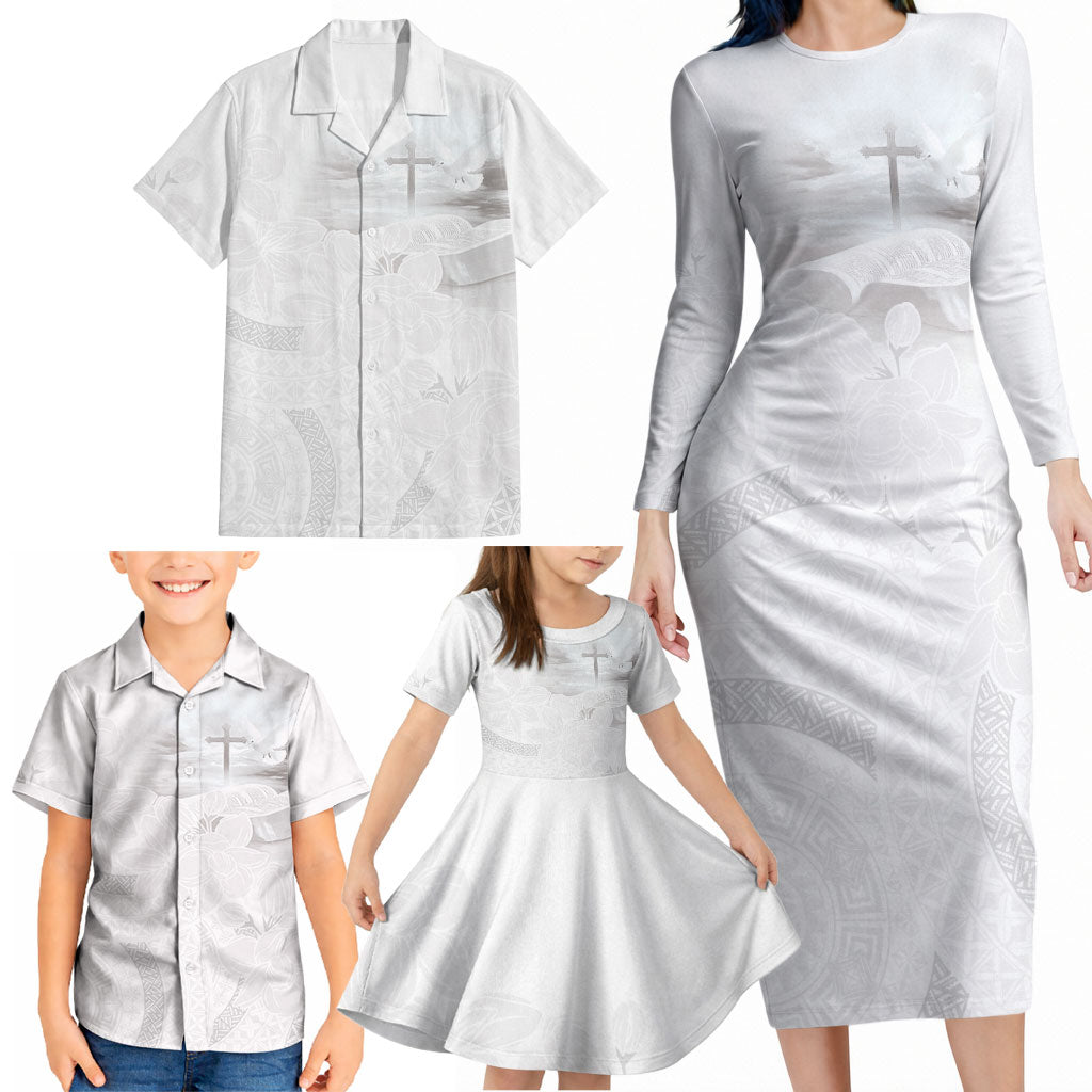 Niue White Sunday Tapu Fanau Family Matching Long Sleeve Bodycon Dress and Hawaiian Shirt Fiti Pua Mix Hiapo Tapa