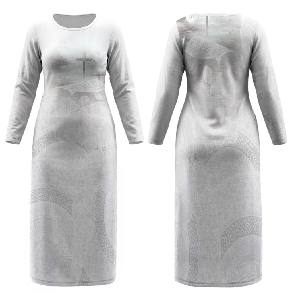 Niue White Sunday Tapu Fanau Family Matching Long Sleeve Bodycon Dress and Hawaiian Shirt Fiti Pua Mix Hiapo Tapa