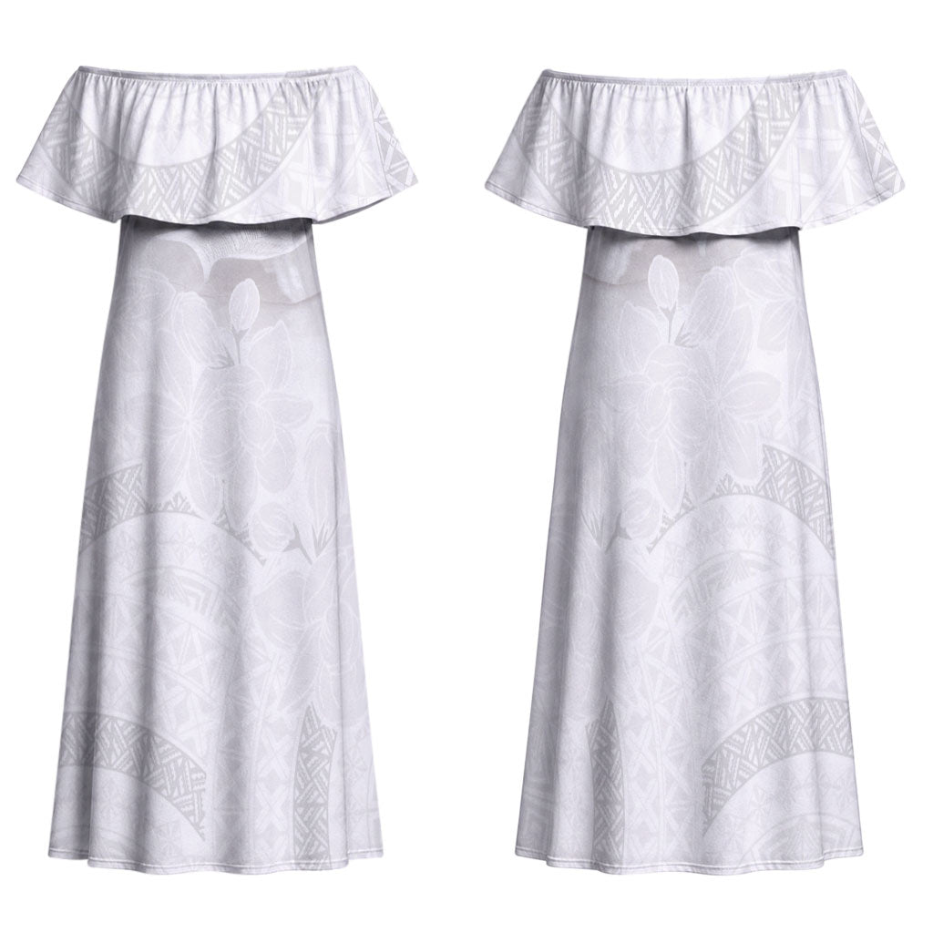 Niue White Sunday Tapu Fanau Family Matching Off Shoulder Maxi Dress and Hawaiian Shirt Fiti Pua Mix Hiapo Tapa LT7 Mom's Dress White - Polynesian Pride