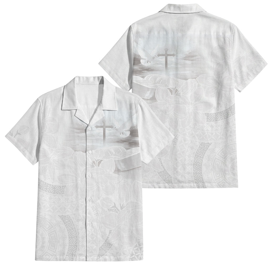Niue White Sunday Tapu Fanau Family Matching Off Shoulder Short Dress and Hawaiian Shirt Fiti Pua Mix Hiapo Tapa LT7 Dad's Shirt - Short Sleeve White - Polynesian Pride