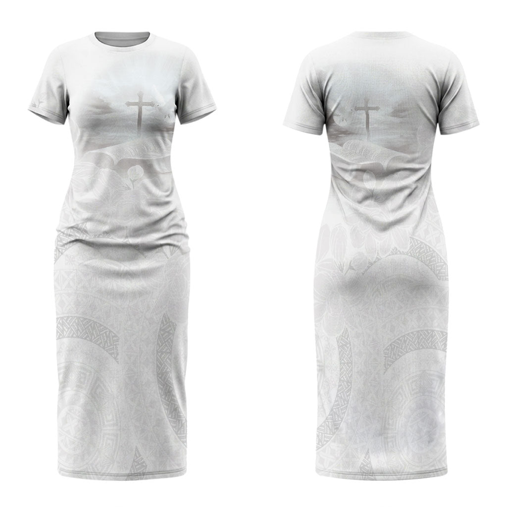 Niue White Sunday Tapu Fanau Family Matching Short Sleeve Bodycon Dress and Hawaiian Shirt Fiti Pua Mix Hiapo Tapa