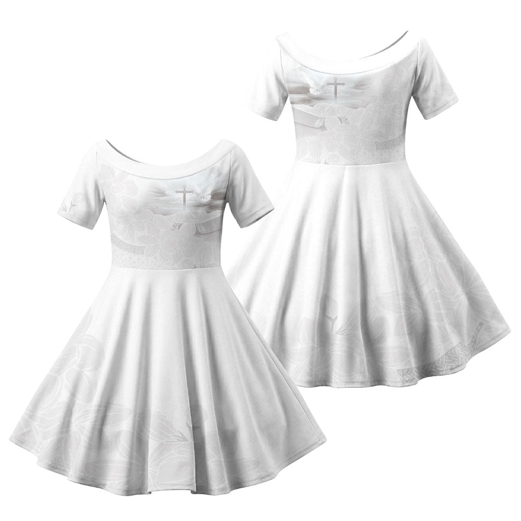 Niue White Sunday Tapu Fanau Family Matching Short Sleeve Bodycon Dress and Hawaiian Shirt Fiti Pua Mix Hiapo Tapa