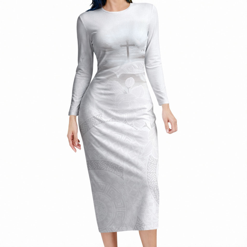 Niue White Sunday Tapu Fanau Long Sleeve Bodycon Dress Fiti Pua Mix Hiapo Tapa