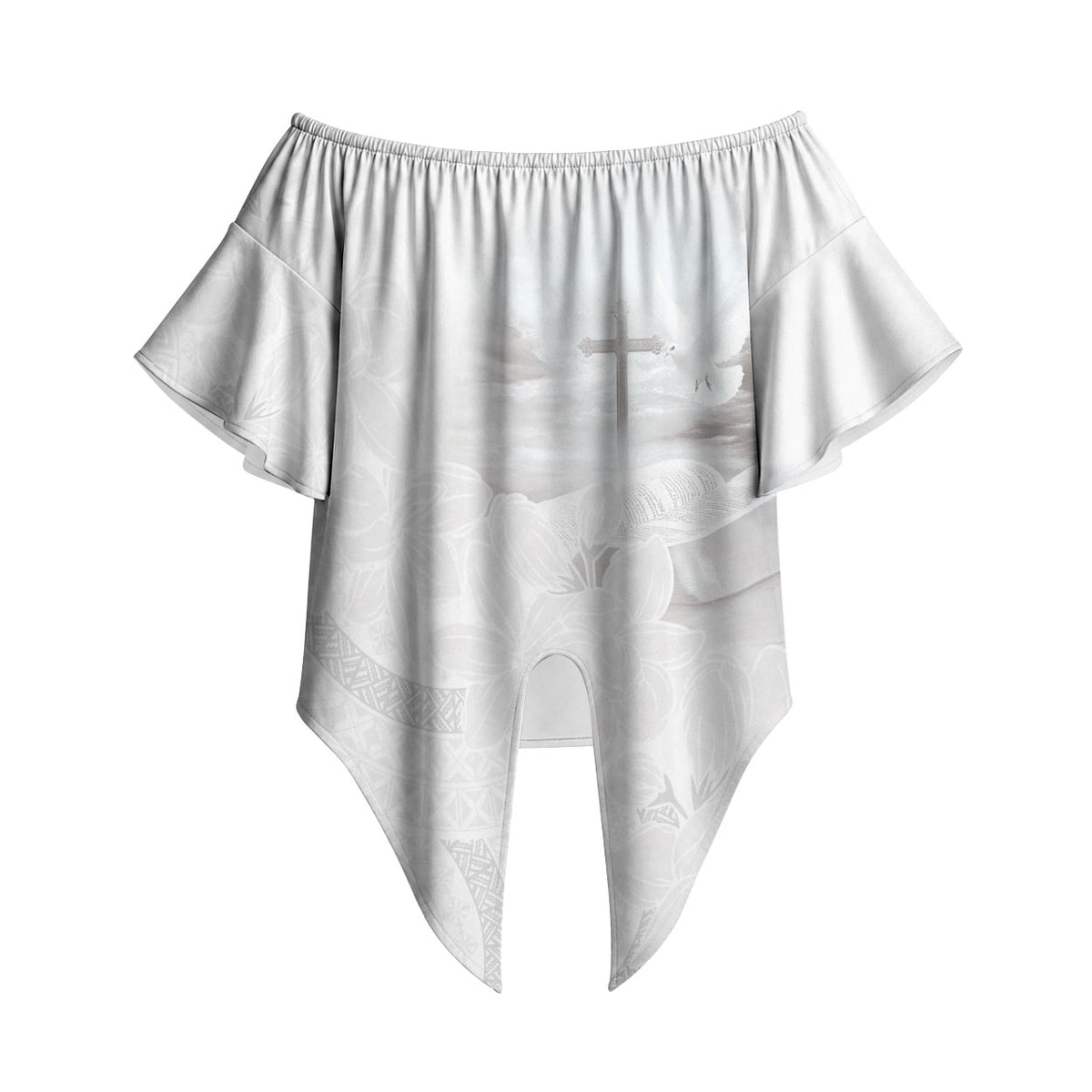 Niue White Sunday Tapu Fanau Off Shoulder Wrap Waist Top Fiti Pua Mix Hiapo Tapa