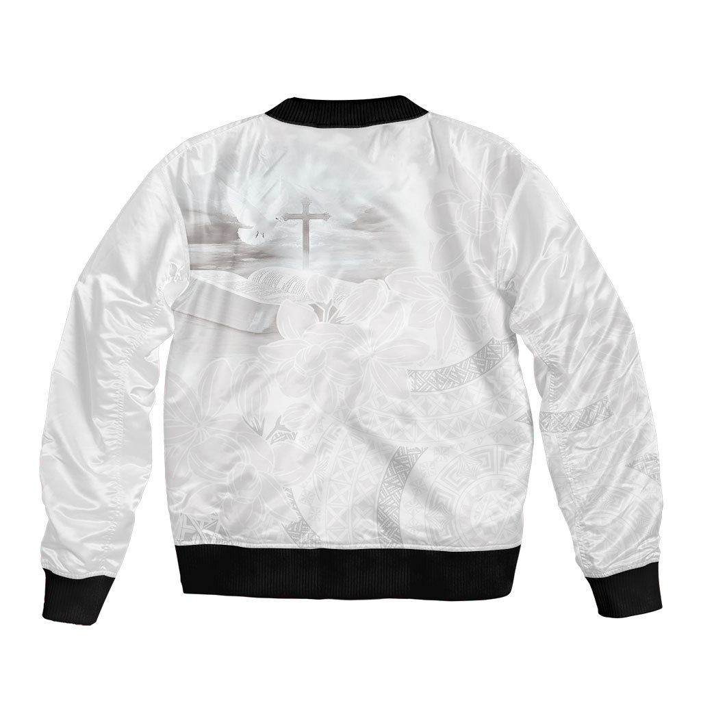 Niue White Sunday Tapu Fanau Sleeve Zip Bomber Jacket Fiti Pua Mix Hiapo Tapa