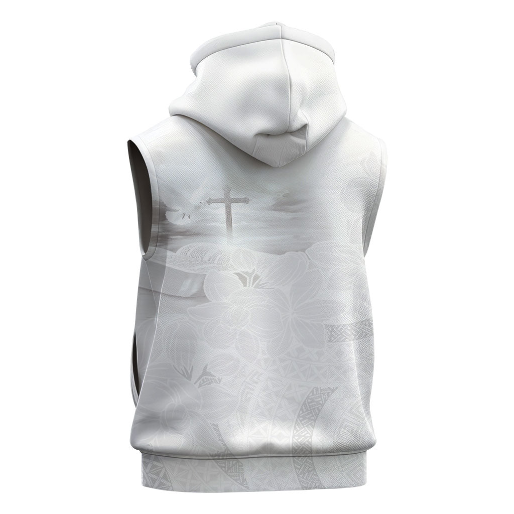 Niue White Sunday Tapu Fanau Sleeveless Hoodie Fiti Pua Mix Hiapo Tapa LT7 - Polynesian Pride