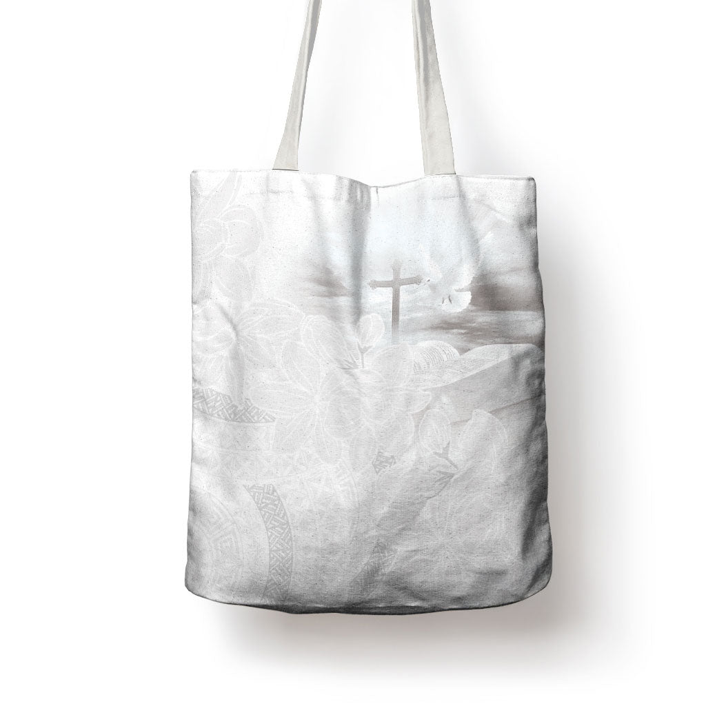 Niue White Sunday Tapu Fanau Tote Bag Fiti Pua Mix Hiapo Tapa