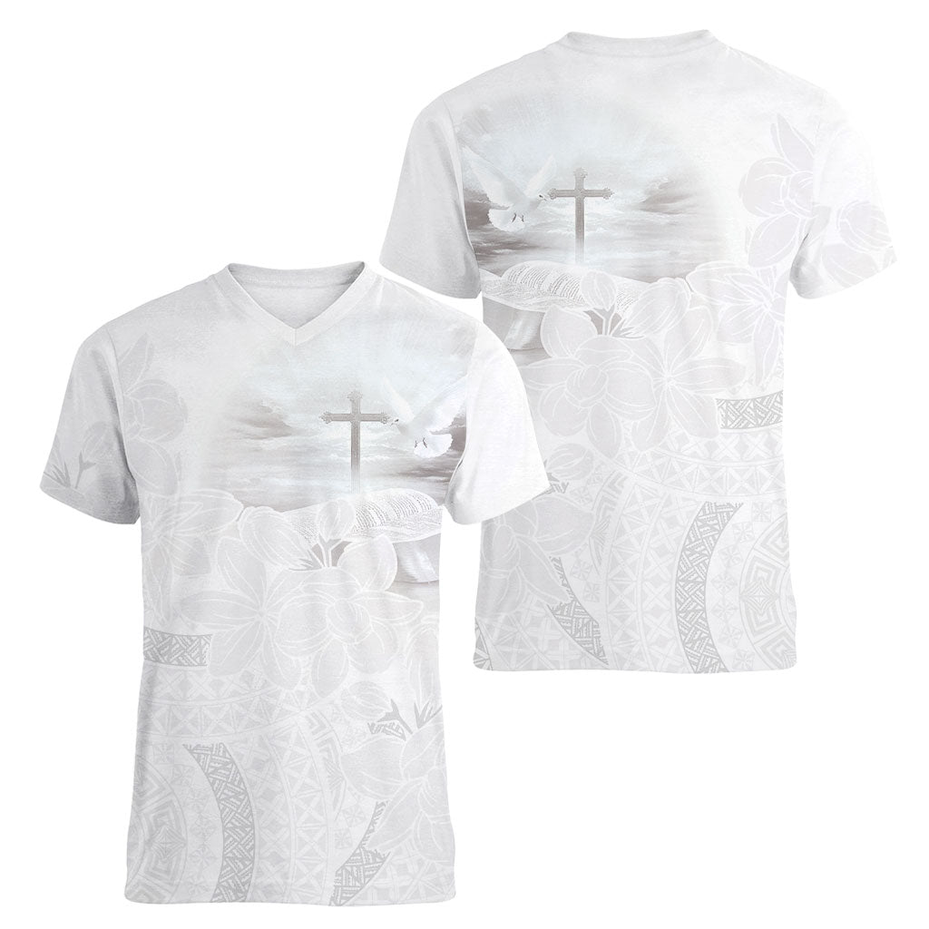 Niue White Sunday Tapu Fanau Women V-Neck T-Shirt Fiti Pua Mix Hiapo Tapa