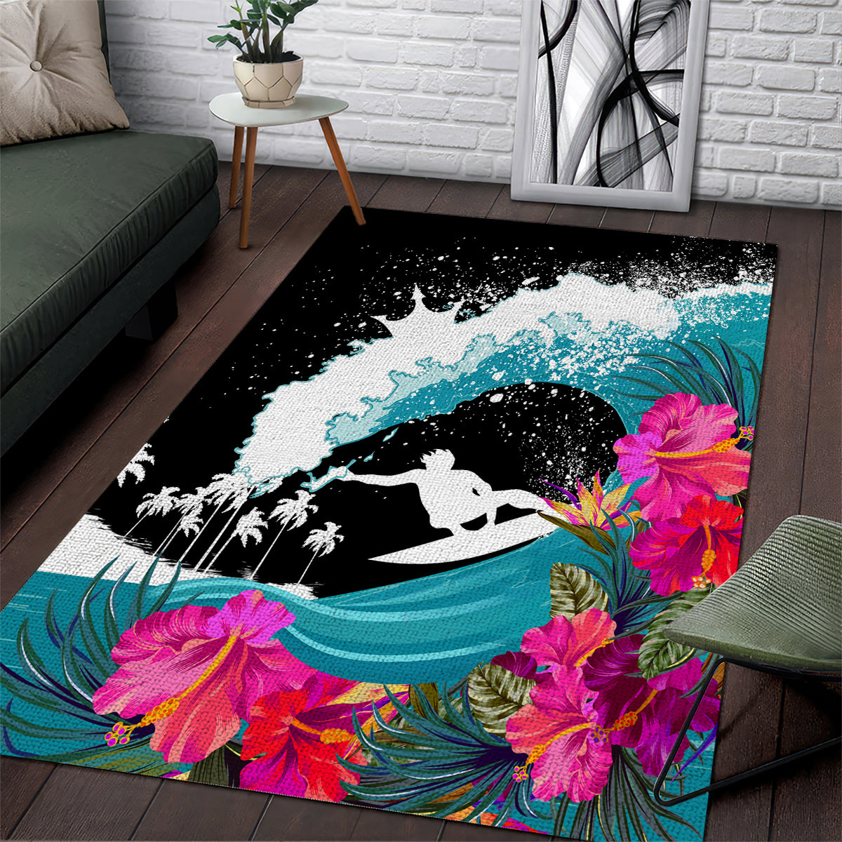 Hawaii Surfing Area Rug Triple Crown Rides The Waves LT7 Black - Polynesian Pride