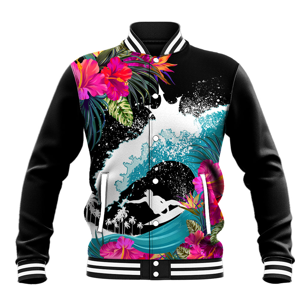 Hawaii Surfing Baseball Jacket Triple Crown Rides The Waves LT7 Unisex Black - Polynesian Pride