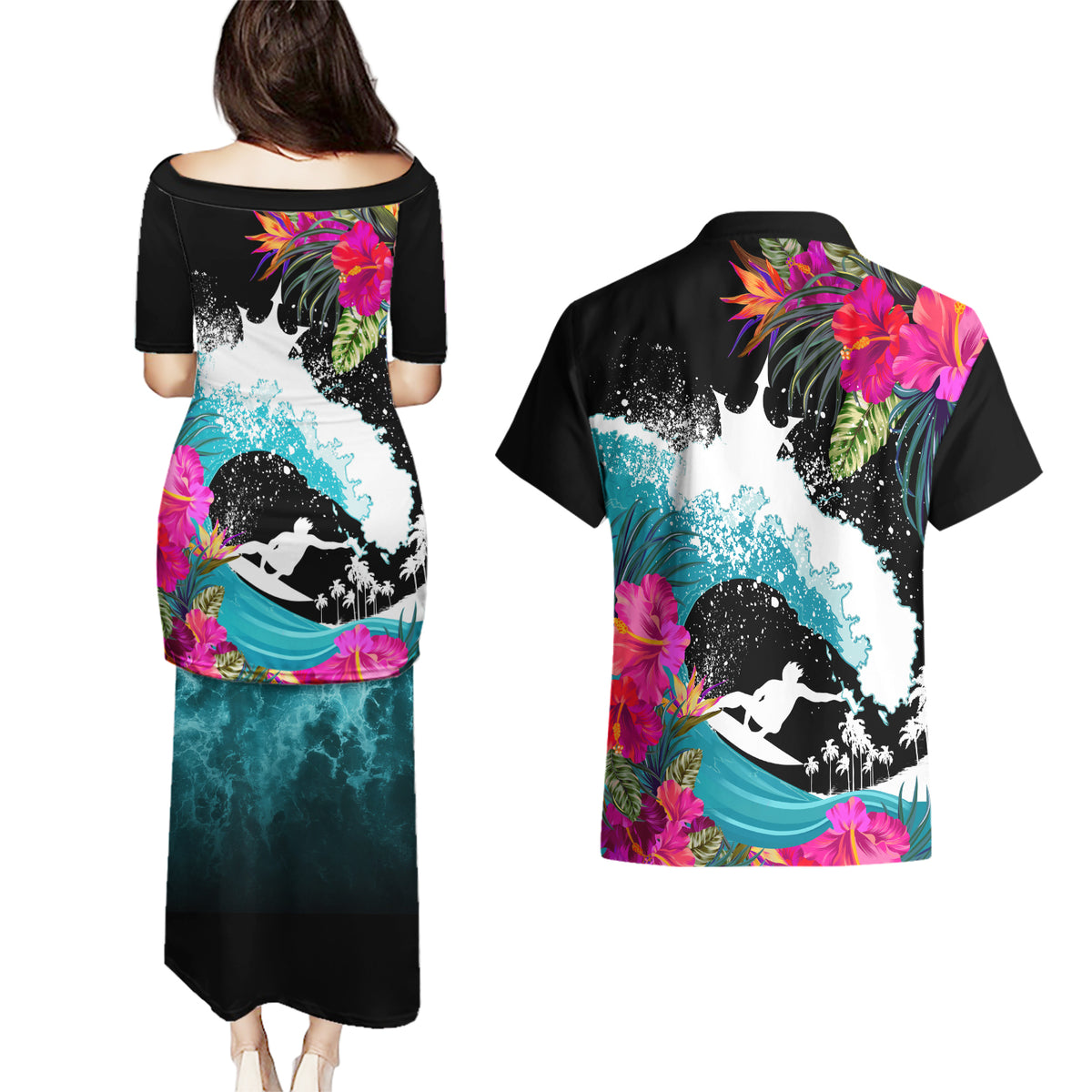 Hawaii Surfing Couples Matching Puletasi Dress and Hawaiian Shirt Triple Crown Rides The Waves LT7 - Polynesian Pride