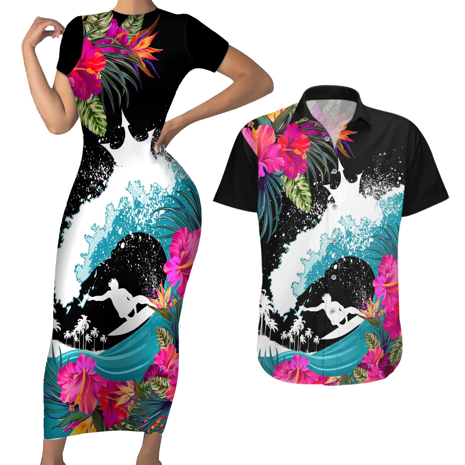 Hawaii Surfing Couples Matching Short Sleeve Bodycon Dress and Hawaiian Shirt Triple Crown Rides The Waves LT7 Black - Polynesian Pride